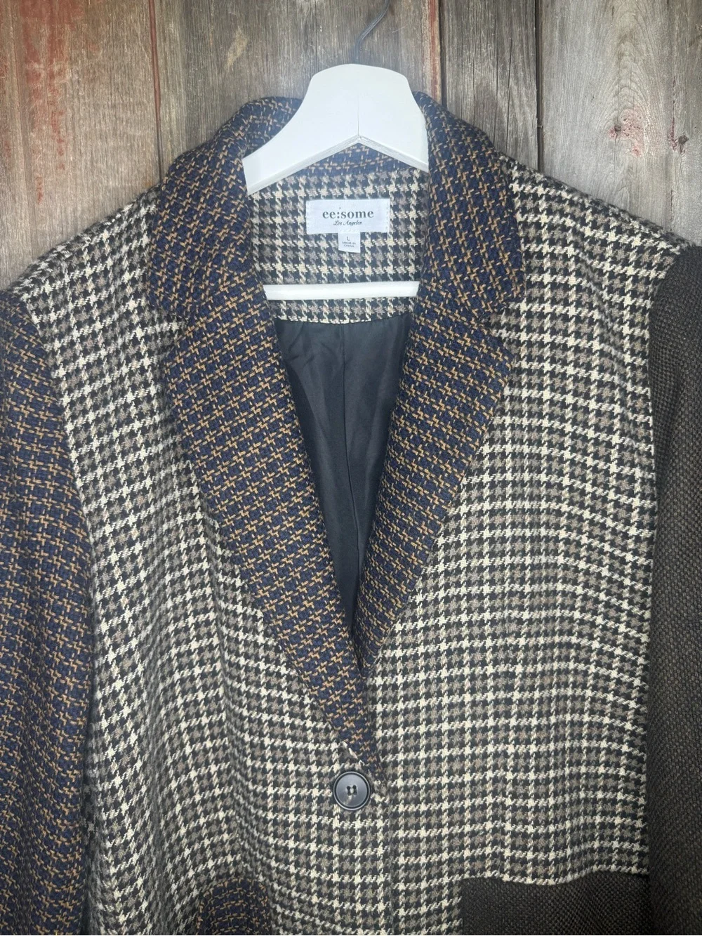 ee-some Brown Mixed Tweed Houndstooth Patchwork Oversized Blazer size Large
